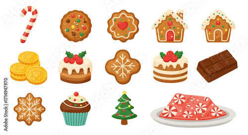 Festive treats candy cane cookies cakes coins  chocolate bar