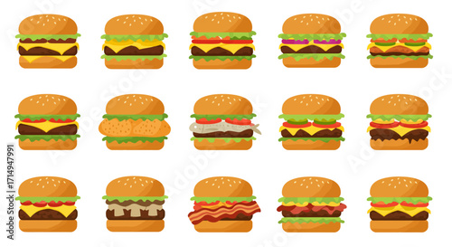 Fifteen cartoon burgers each with different toppings like cheese bacon fish and vegetables arranged in rows