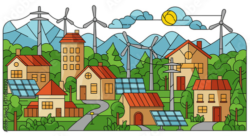 Eco-friendly village with solar panels and wind turbines in a mountain landscape