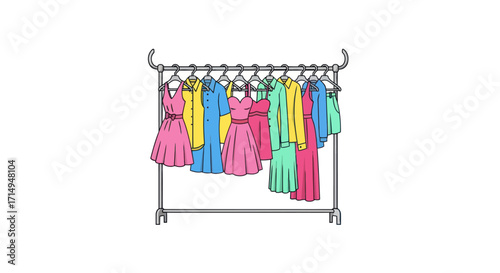 Colorful Clothing Rack Displaying Various Dresses and Garments.