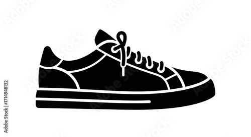 Black Silhouette of a Classic Lace-Up Sneaker Shoe.