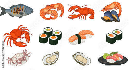 Fish shrimp lobster and sushi assortments are depicted as cartoon vector illustrations on a white background