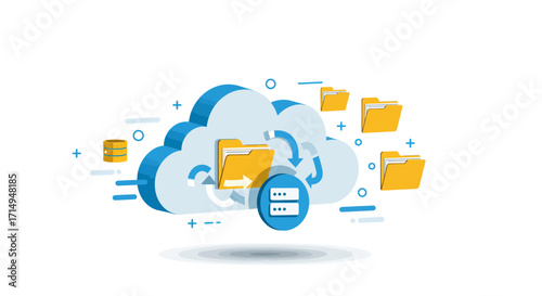 Cloud computing concept with blue and yellow elements symbolizing data synchr…