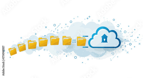 Cloud data transfer: yellow folders to secure cloud with blue digital element…