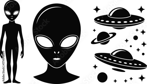 Black and white alien silhouette, extraterrestrial head illustration, UFO flying saucer icons, sci‑fi space art, cosmic exploration concept, outer space fantasy design