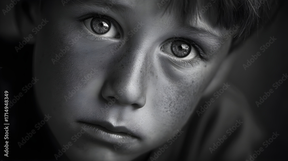 Fototapeta premium Young boy with freckles gazing thoughtfully, showcasing deep emotions and expressive features