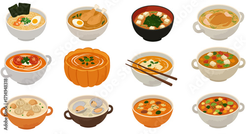 Illustration of 12 bowls of various soups each containing unique ingredients and served in different types of bowls