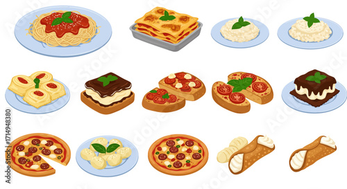 Illustration of an array of various Italian dishes arranged in rows on a white background