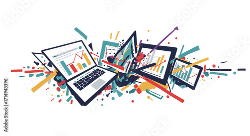 Dynamic digital technology: exploding laptops and tablets with colorful graphs