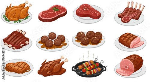 Illustration of various meat dishes on white plates including roasted chicken steaks ribs meatballs ham and kebabs