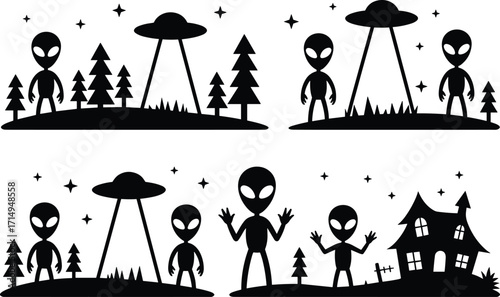 Black and white alien UFO forest scene illustration set, extraterrestrial silhouettes, night sky stars, creepy house, vector sci-fi design for merchandise