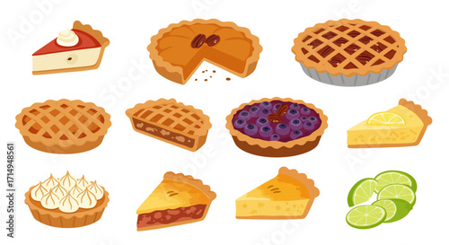Illustration shows multiple pies blueberry pumpkin lemon apple and pecan varieties some sliced