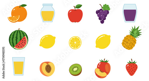 Image shows various fruits and fruit juices including orange grapes apple lemon pineapple kiwi strawberry and peach