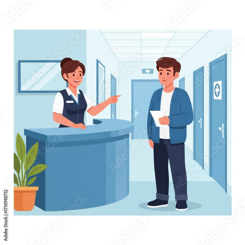 A woman receptionist points to a young man at a hospital reception desk.