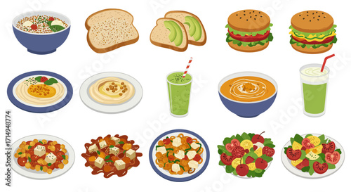 Isometric food spread bowls plates burgers bread smoothies  salads
