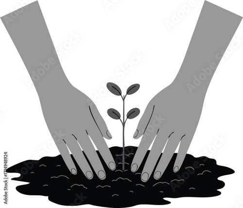 Hands nurturing young plant growing in soil symbolizing care and growth in black and gray colors vector illustration 