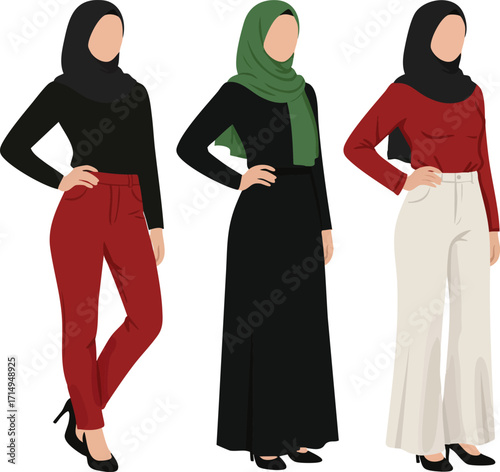Women wearing fashionable modest clothing with hijab and high heels in different styles and colours vector illustration 