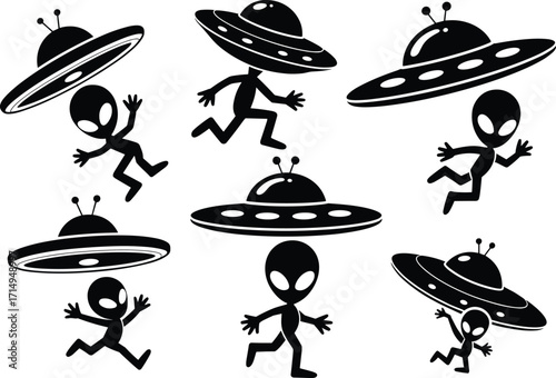 Black and white cartoon alien and UFO illustration set, extraterrestrial silhouettes, flying saucers, sci-fi vector design for stickers, t-shirts, merchandise, posters