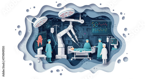 Futuristic surgical room with robotic assistance and medical team in operation