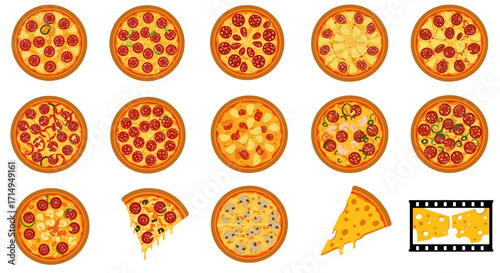 Pizzas multiple whole pizzas a pizza slice and cheese filmstrip