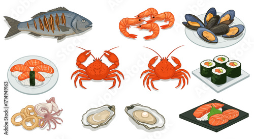 Seafood assortment grilled fish shrimps sushi crabs oysters calamari  mussels arranged