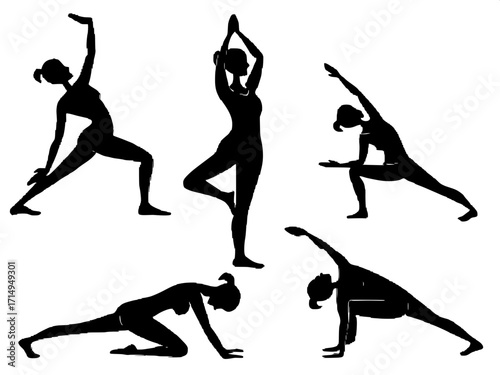 Collection of yoga silhouettes in elegant black, flat design, assorted poses arranged aesthetically with no environment detail, calm and meditative mood.