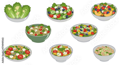 Seven bowls display various salads with ingredients such as tomatoes cheese berries melons and lettuce