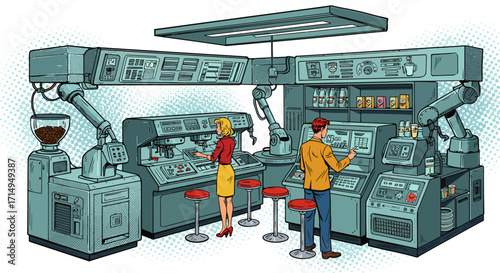 Futuristic coffee shop with retro machines and robots in pop art style
