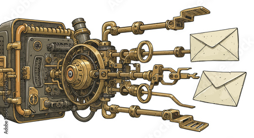 Steampunk mechanical mail machine with gears and envelopes in vintage style