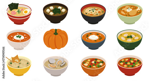 Twelve bowls arranged in rows contain various soups one is a pumpkin