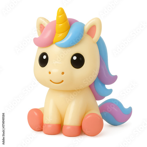Adorable Cartoon Unicorn Figurine with Pastel Mane and Golden Horn.
