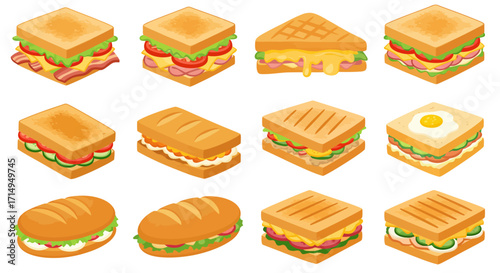 Twelve isometric sandwiches including toast egg cucumber and sub varieties are neatly arranged