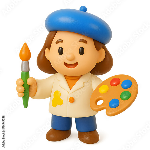 Cute Claymation Artist Character with Beret and Paintbrush.