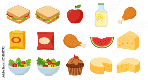 Varied food arrangement sandwiches chips apple salad chicken cupcake cheese watermelon  lemonade displayed