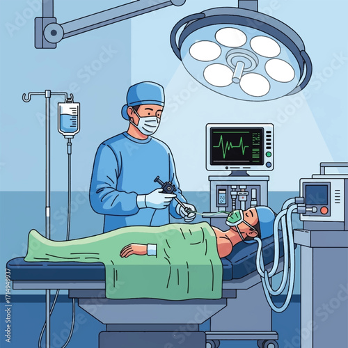 A surgeon in scrubs and mask performs a laparoscopic surgery on a patient lying on an operating table under bright surgical lights.