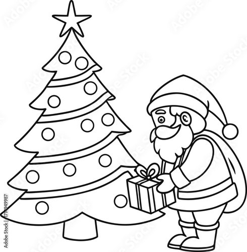 Set of cheerful cartoon Santa Claus carrying a large sack full of gifts line art silhouette vector illustration.