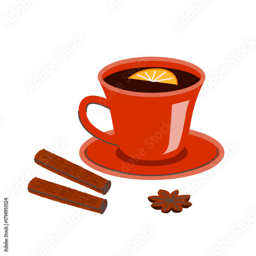 Hot spiced tea with orange slice in red cup and saucer with cinnamon sticks and star anise on white background