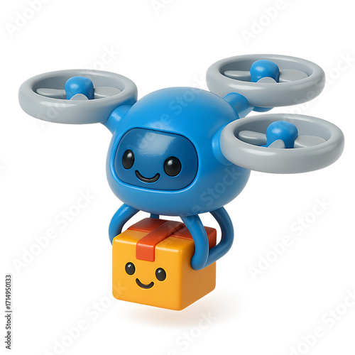 Cute cartoon drone carrying a package with a happy face ready for delivery.