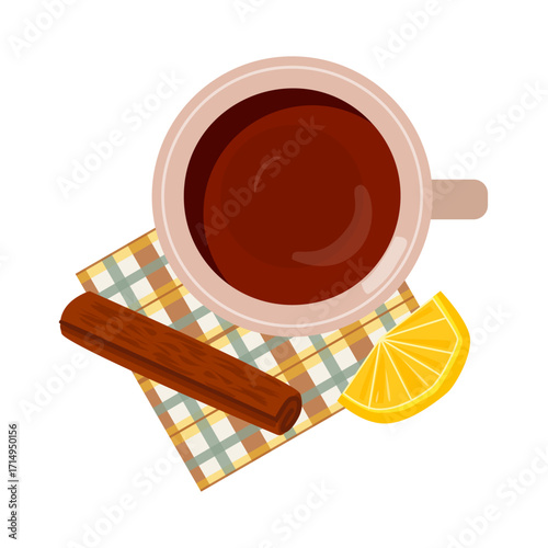 Top view of hot tea in beige cup with cinnamon stick and lemon slice on checkered napkin isolated on white background