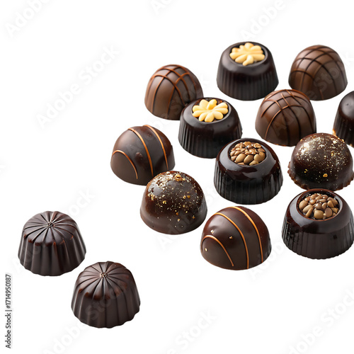 A delightful assortment of gourmet chocolates with various textures and toppings isolated on transparent background