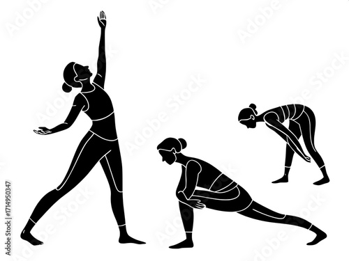 Modern vector-style yoga illustration showing human figures in silhouette, minimalist cream background, focus on body shapes and posture.