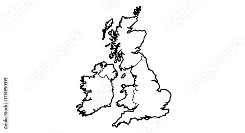 Country outline depicts United Kingdom and Ireland with simple lines. Country outline showing geography and shapes, including all constituent nations. Country outline great for teaching geography.