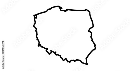 Outline of Poland in simple black and white for geographical representation. Poland's outline shows country borders, depicting its simple shape for cartographic use.