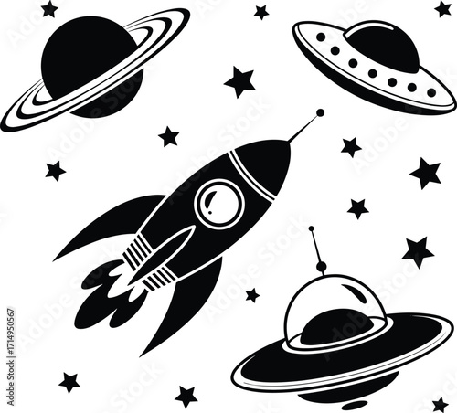 Black and white rocket ship, Saturn planet with rings, UFOs, stars, retro sci-fi space vector illustration for stickers, posters, t-shirts, merchandise