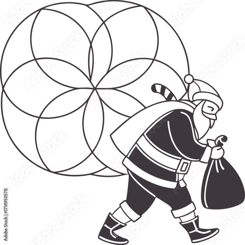 Set of cheerful cartoon Santa Claus carrying a large sack full of gifts line art silhouette vector illustration.