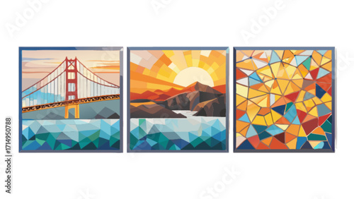 Golden gate bridge art print, landscape painting, abstract geometric art, modern wall decor artwork