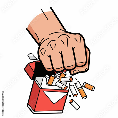 Ending the Habit An illustration of a determined fist destroying a cigarette pack, signifying the commitment to a smoke-free future and personal well-being