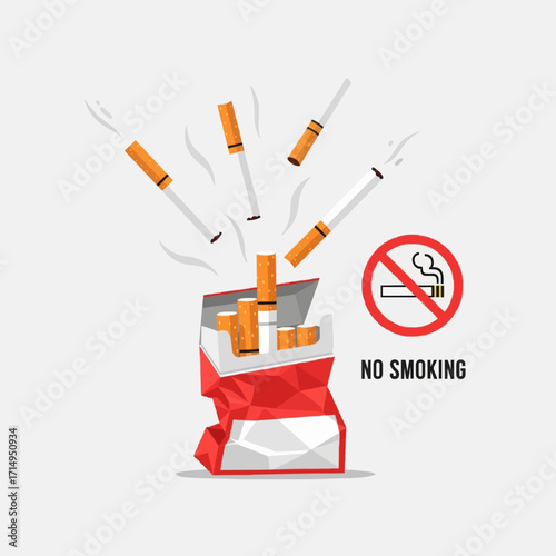 Illustration of a crumpled cigarette pack with cigarettes flying out, symbolizing the act of quitting smoking and a no smoking policy