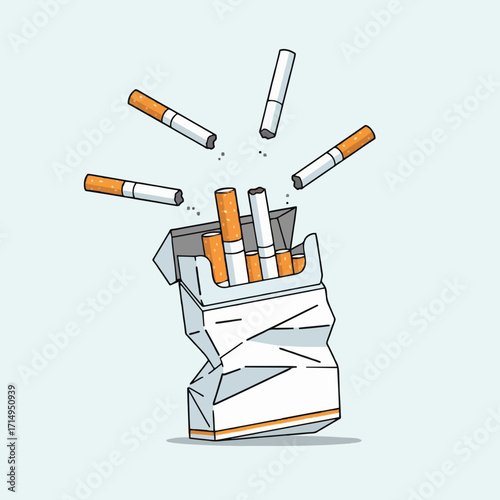 Cartoon visual of a crumpled cigarette pack with cigarettes spilling out, symbolizing the ongoing struggle with addiction and the pursuit of a smoke-free life