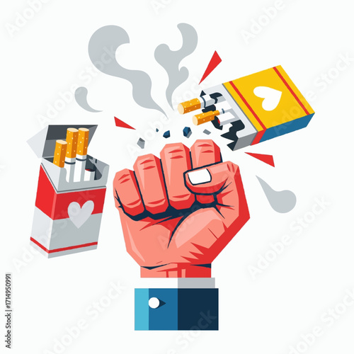 Powerful fist crushing a cigarette pack, symbolizing a decisive victory over nicotine addiction and a strong commitment to a healthier, smoke-free life